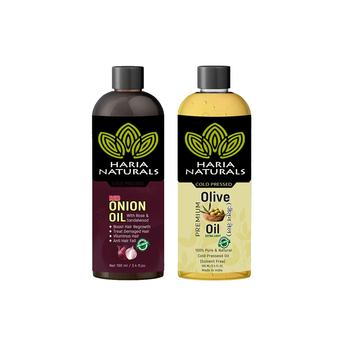 Haria Naturals 100% Cold Pressed Red Onion Oil & Extra Light Olive Oil 100 ml Hair Oil (Combo Pack of 2 Bottles) 200 ml