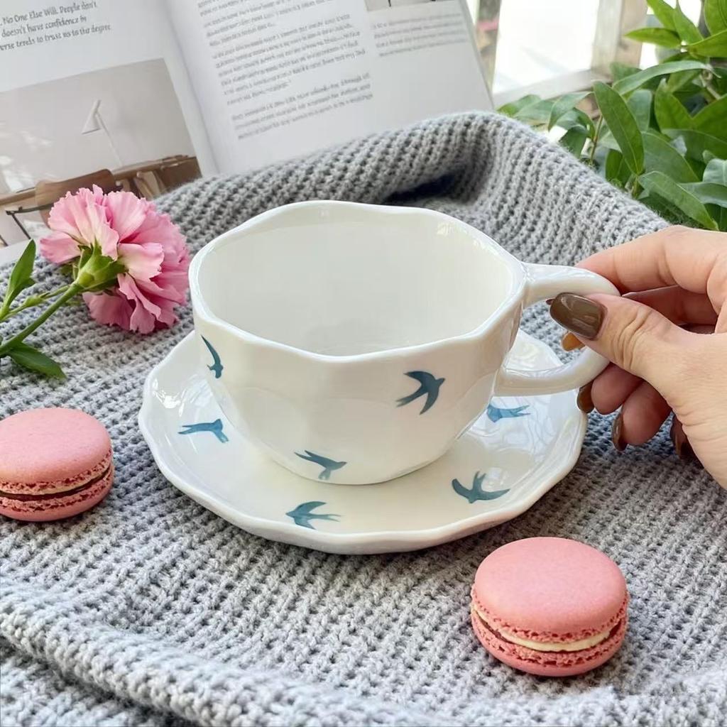 Korean Style Hand-Pinched Floral Ceramic Coffee Cup & Saucer Set - Hand-Painted Design, Perfect for Afternoon Tea