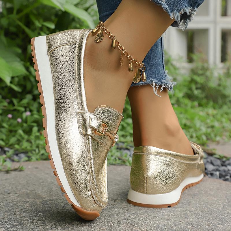 Fashion Gold Silver Metal Chain Flats Shoes Women Spring Autumn Plus Size Platform Loafers Woman Slip On Soft Bottom Casual Shoes Female