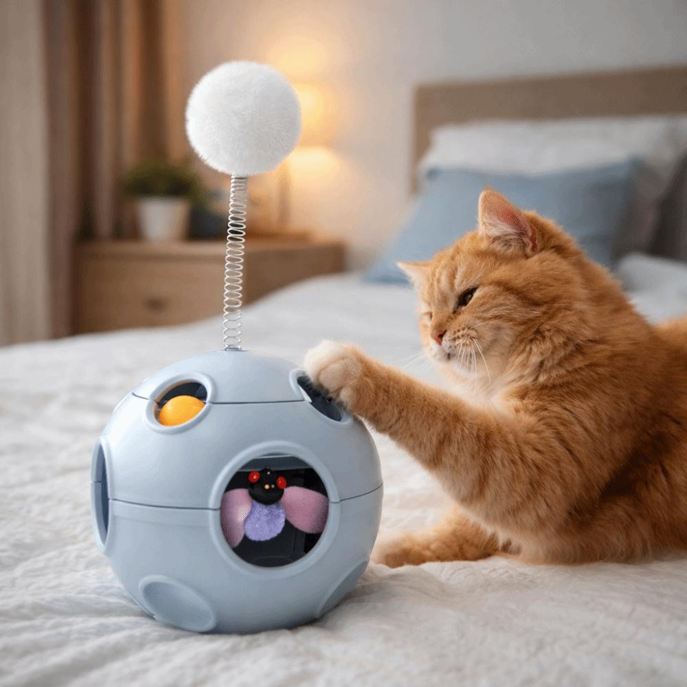 Spring Cat Teasing Ball Automatic Rotation with Feather Rotating Tumbler with Bells Plush Ball Cat Interactive Toy Exercise