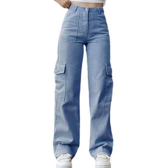 

Женские брюки-карго со средней посадкой, застегивающиеся на молнию на талии, повседневные брюки с множеством карманов, прямые, свободные, однотонные длинные брюки L светло-синий