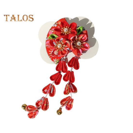 Fan Style Hairpin with Flowers Bells Faux Pearls Decor Japanese Kimono Ancient Style Hair Clip Hair Accessories