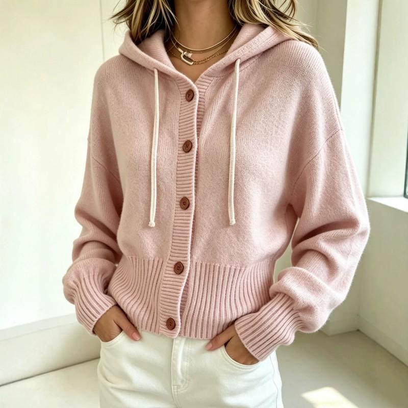 Oversized Hooded Knit Cardigan Women Soft Acrylic Blend Loose Fit 2026 Casual Chic Sweater Jacket