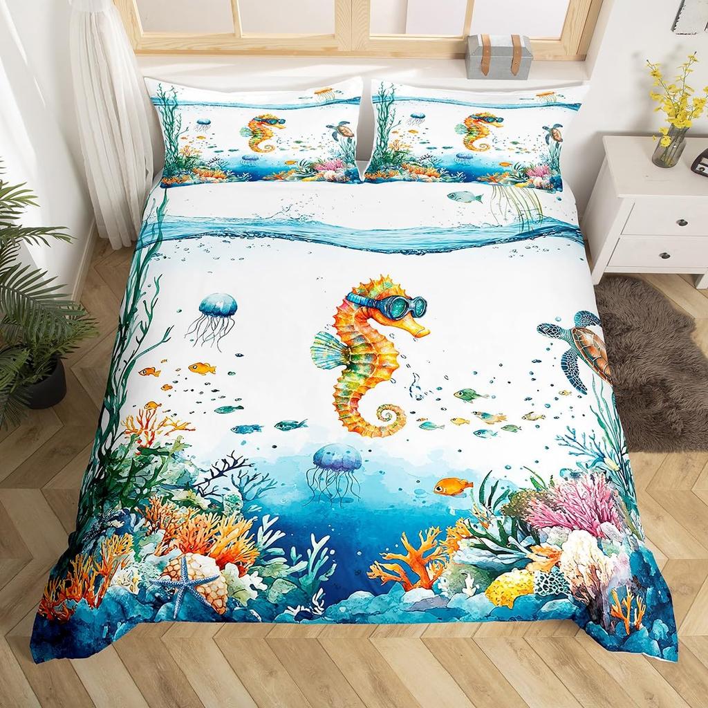 Seahorse Duvet Cover Sets For Kids Teens Queen Lightweight Bedding Sets Ocean Animal Bedspread Covers Bedroom Decor No Comforter