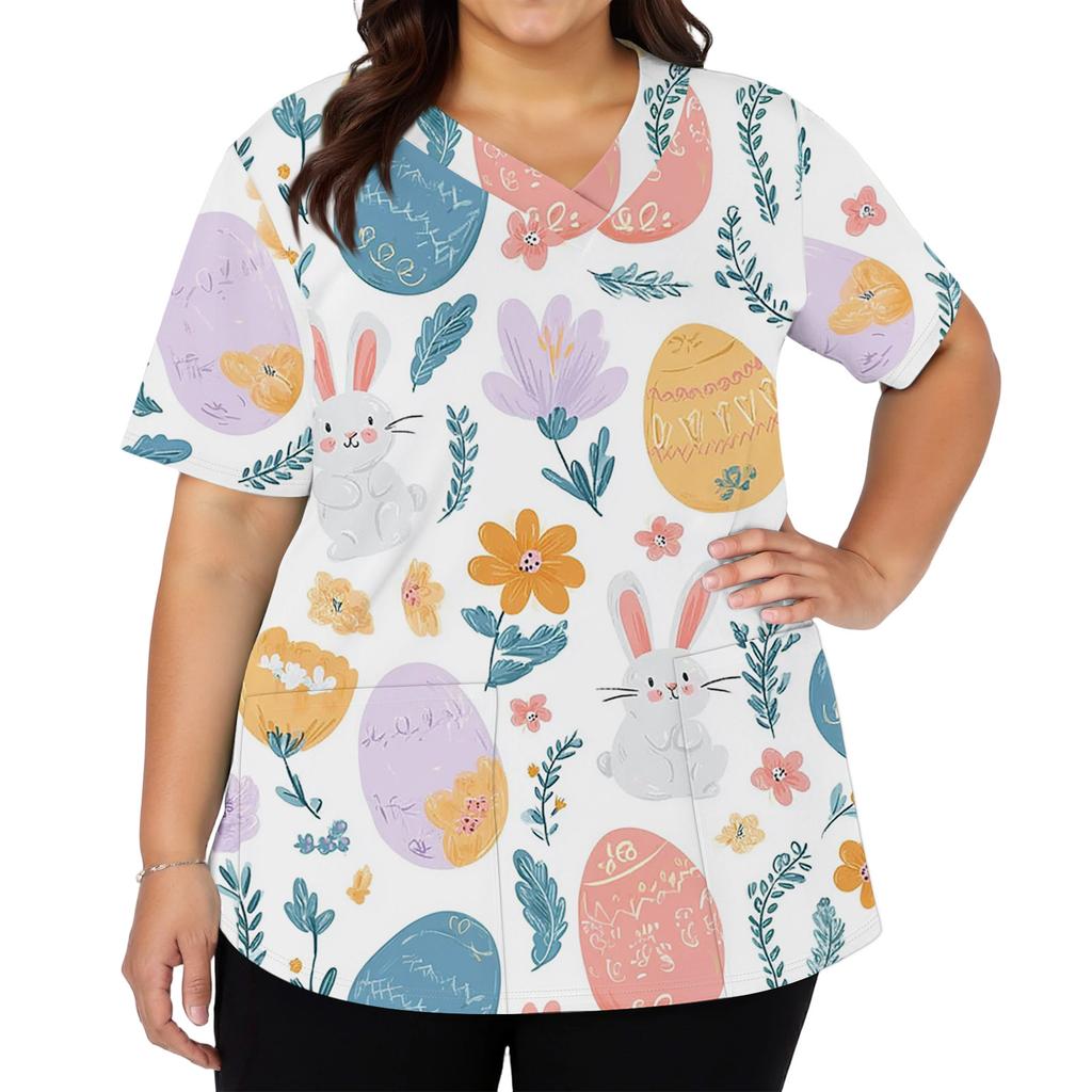 Women's Fashionable V-neck Short-sleeved Work Top With Double Side Slits And Pockets, Featuring Easter Bunny And Egg Prints.