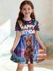 Girls 3D Crew Neck A-line Dress, All-over Print of HAPPYBIRTHDAY Cake Letters, Perfect for Parties and Birthday Gifts.