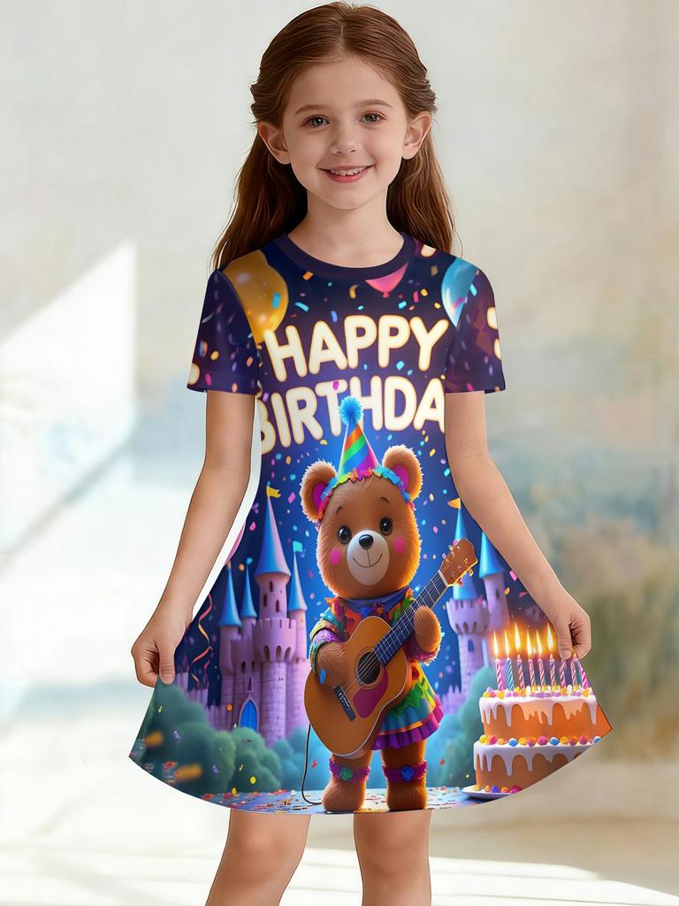 Girls 3D Crew Neck A-line Dress, All-over Print of HAPPYBIRTHDAY Cake Letters, Perfect for Parties and Birthday Gifts.
