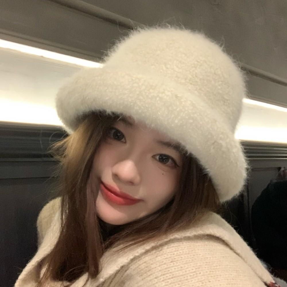 Polyester Warm Winter Bucket Hat Rabbit Fur Blend Rolled Brim Hat Fuzzy Fisherman Hat Cold Weather