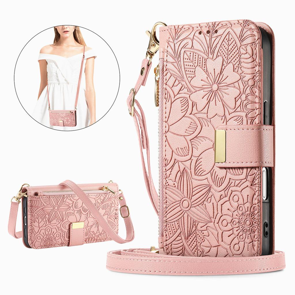 Florales Leder-Wallet-Case für iPhone 12-17 Serie. mit abnehmbarem Schultergurt