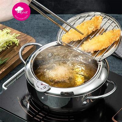 Kitchen Deep Frying Pot with Thermometer and Lid Stainless Steel Pans Japanese Tempura Fryer Pan Fried Chicken Pot Cooking Tools