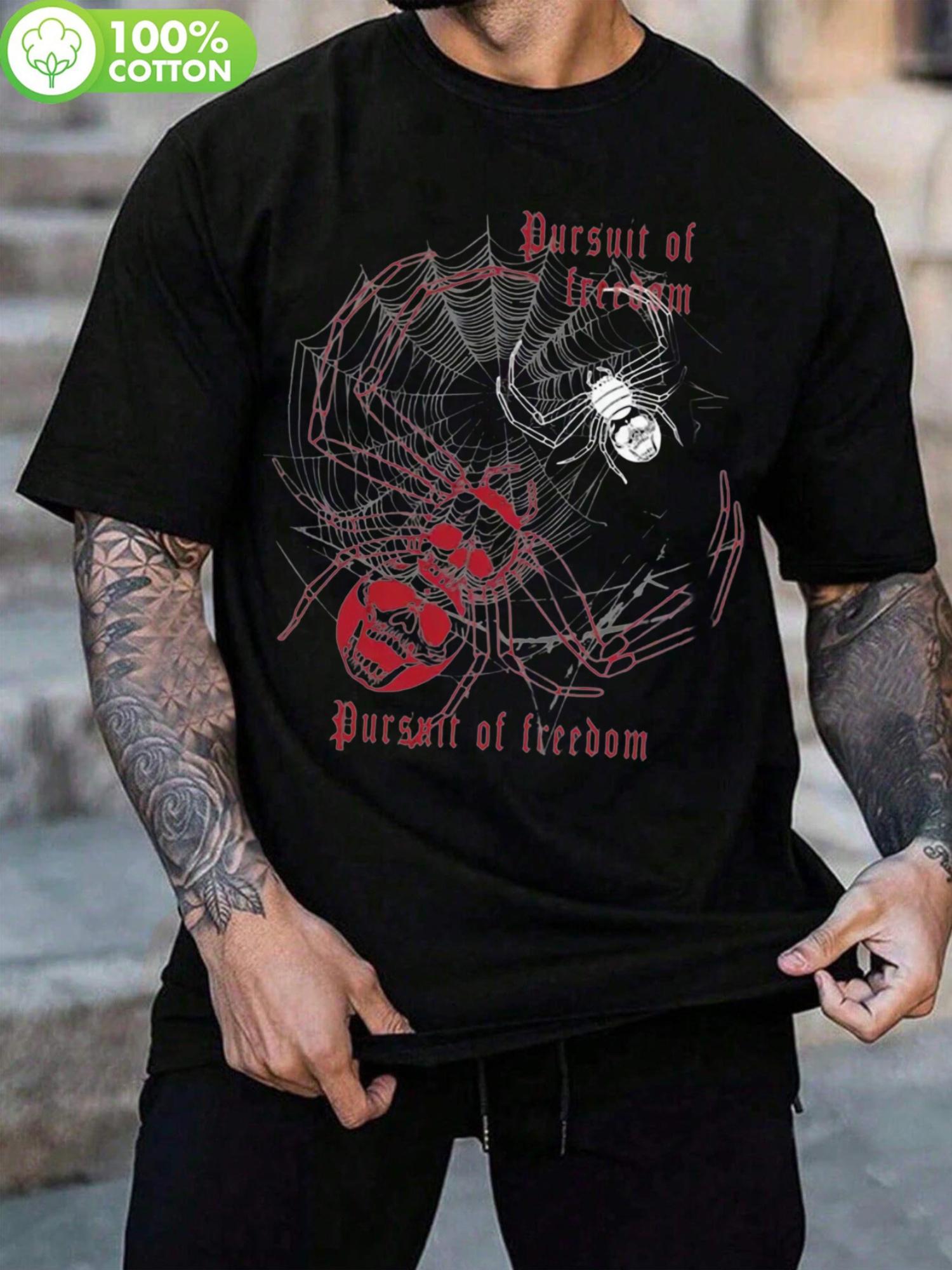 Plus Size Black Cotton T-shirt - Retro Street Hip Hop Skull Spider Graphic Print XXXXL