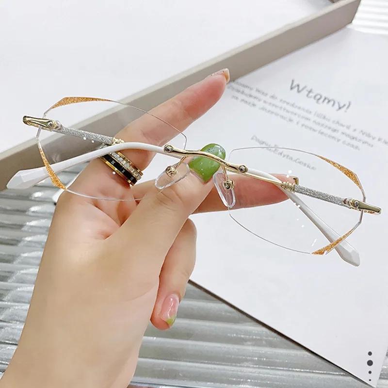 Women Rimless Presbyopia Glasses Anti Blue Light Diamond Cut Reading Eyeglasses Finished Optical Eyewear Diopter +1.0 To +4.0