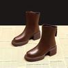 Women's short boots with chunky heels and thick soles in British style New Year's High Heel Brown Retro Spring and Autumn Boots