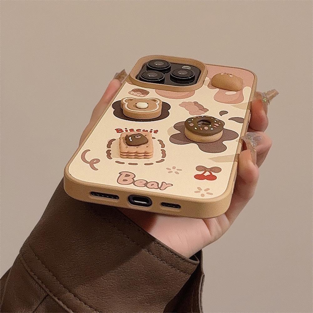 3D Cookie Bear Apple IPhone 16/17 Pro Max Leather Case for IPhone 13/15 Cute Lanyard