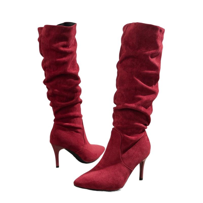 

Модная обувь женская 2024 года, женские сапоги до колена большого размера, современные сапоги без застежек, женские плиссированные остроносые туфли на высоком тонком каблуке, женская обувь 42 красный