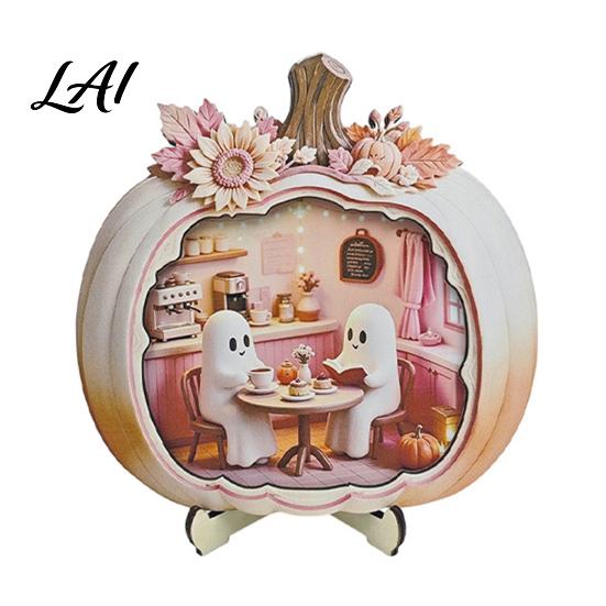 Indoor Fall Tabletop Centerpiece Halloween Ghost Pumpkin Wooden Plaque 2D Flat Sign Gift for Lovers Spooky Bathing Reading Ornament Home Office