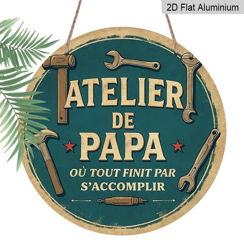 

2D Flat - A 2D Flat, Round French Aluminum Sign Featuring a Vintage Plaque about Dad S Workshop , Suitable for Decorating Garages, Studios, Home 7.87x7.87inchs