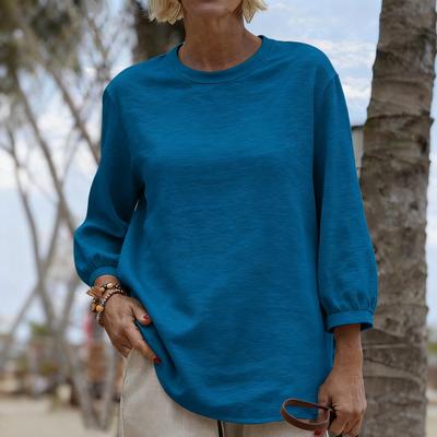 Women's Fashionable Solid Color Round Neck Long Sleeved Casual Pullover T-shirt Top