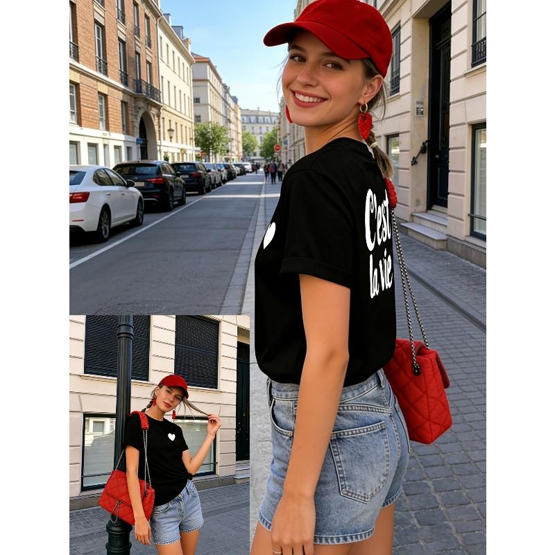 Women's Front & Back Letter Print T-Shirt European American Style Casual Short Sleeve Summer Top