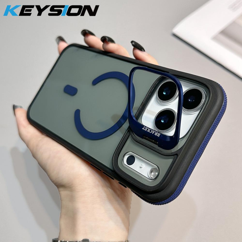 KEYSION Transparent Magnetic Lens Stand Case for MagSafe for iPhone 17 Pro Max Air TPU+PC Color Blocking Shockproof Phone Cover