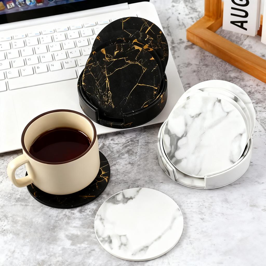 6PCS/Set 10cm Leather Marble Coaster Drink Coffee Cup Mat Table Placemats Round Heat-resistant Tea Pad Table Pad Holder Coaster