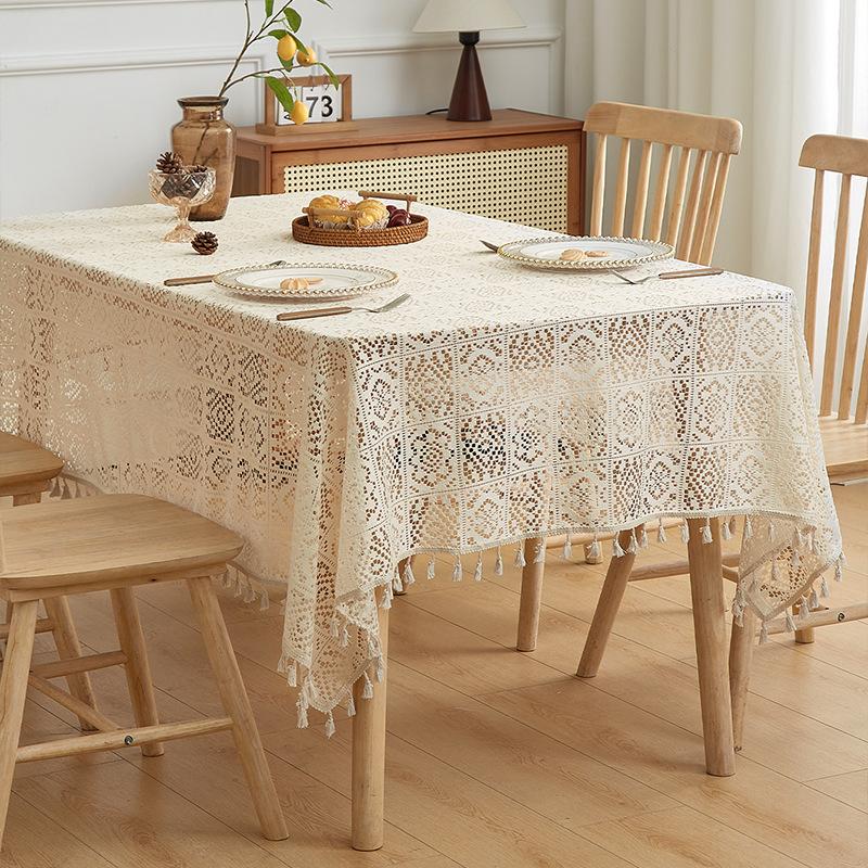 American Retro Style Tablecloth Premium Rectangular Tassel Table Mat Photo Background Cloth Knitted Hollow Atmosphere Dustproof Decorative Fabric