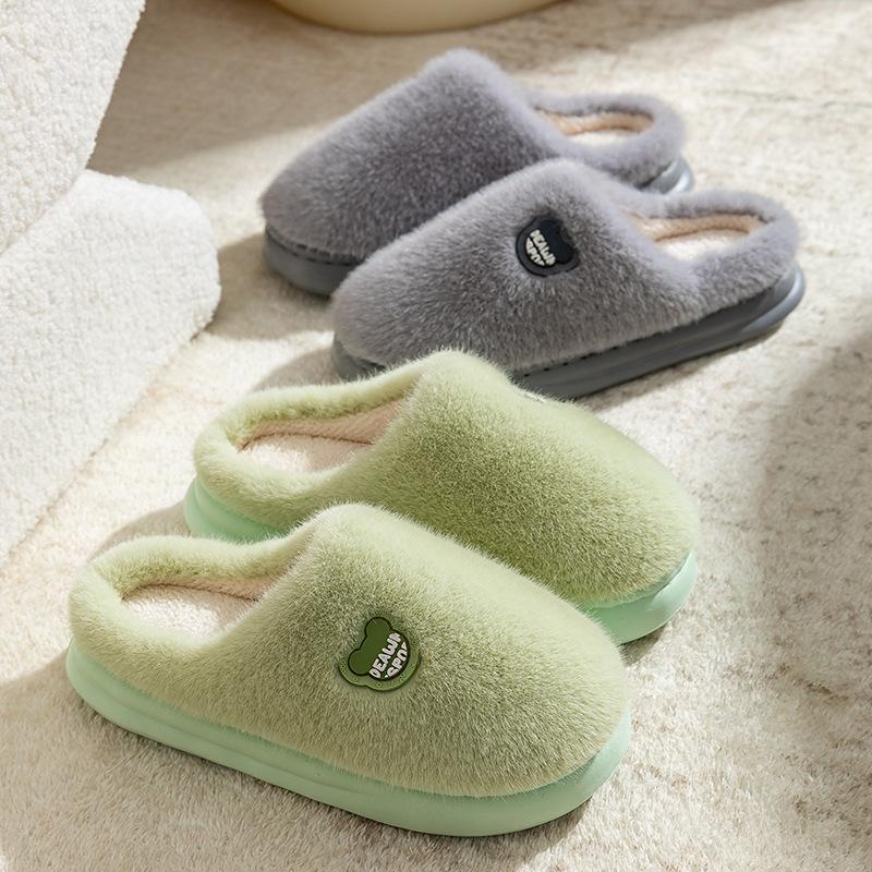 Plush bear label cotton mop autumn and winter leisure indoor home plush thick-soled thermal cotton slippers EVA sole