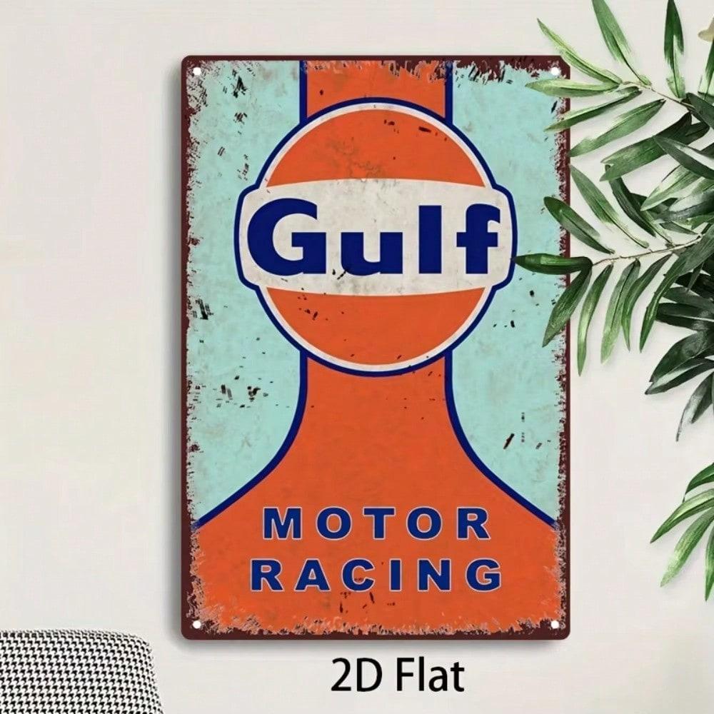 Placca in Latta Vintage Gulf Racing, Arte da Parete Metallica Retrò per Decorazione Garage Bar