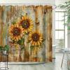 Sunflower Countryside Shower Curtain - Three Golden Sunflowers & Butterfly Pattern, Scenic Beauty, Polyester Bathroom Decor