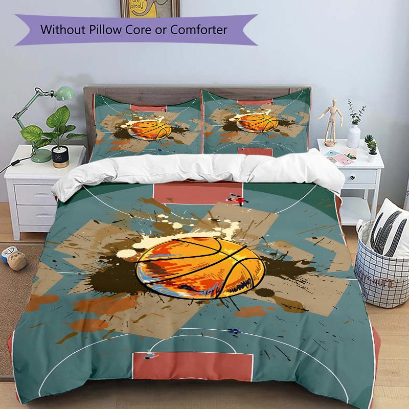 3pcs Basketball Court Bedding Set, Includes 1 Comforter + 2 Pillowcases, Without Pillow Inserts, Soft Comfortable, Lightweight Breathable, P