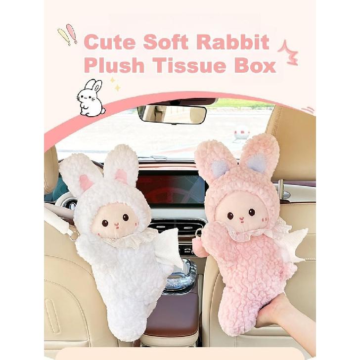Car Tissue Holder Plush Animal Paper Towel Box Cute Rabbit Hanging Backseat Organizer for Cars Adorable Decorative Tissue Dispenser (Pink Rabbit)