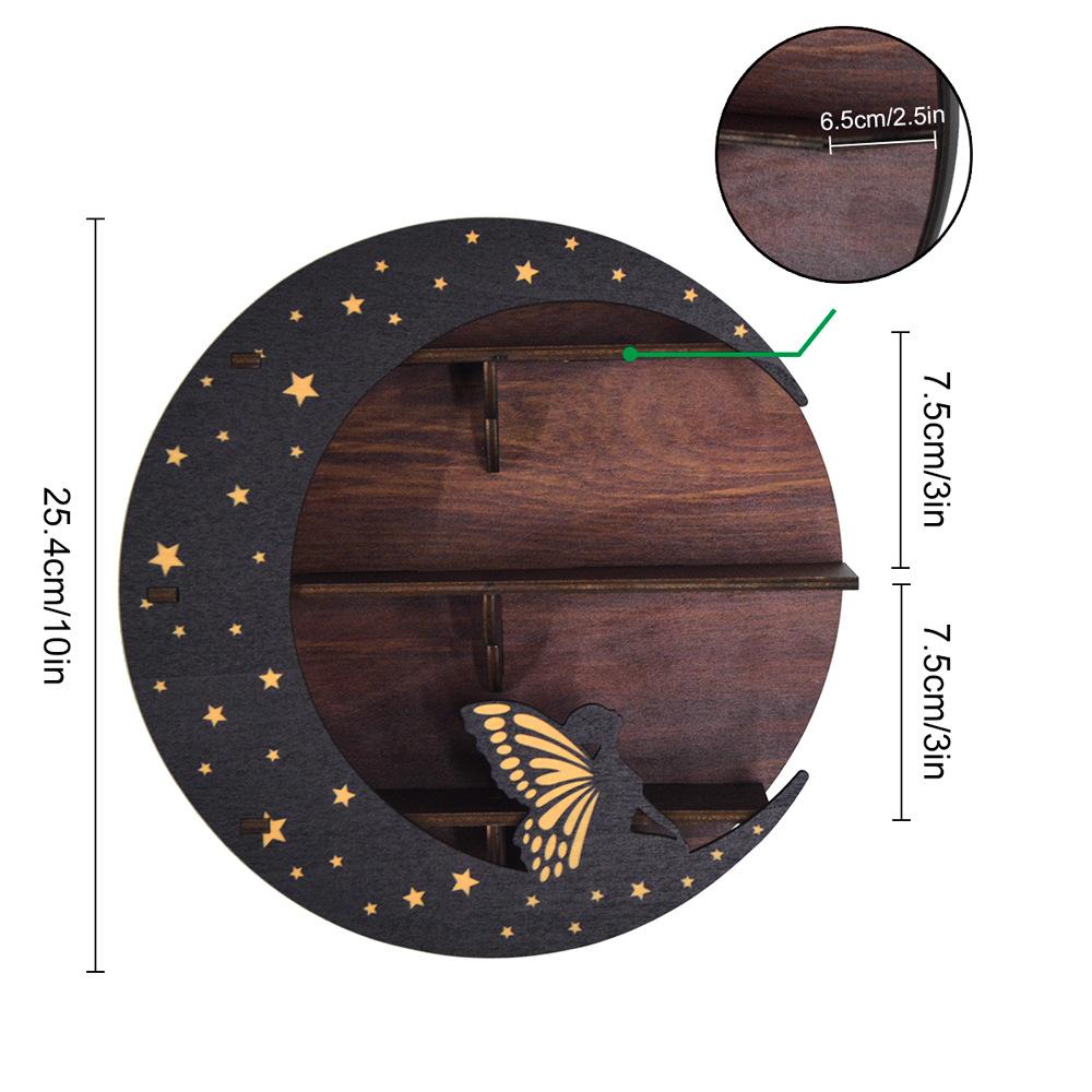 Boho Wall Mounted Black Moon Round Wooden Stand Rack Crystal Storage Display Floating Shelf Home Decoration