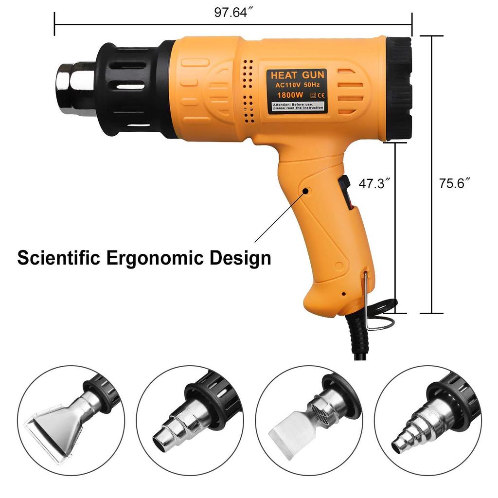 Heißluftpistole 1800W 122℉~1202℉(50℃- 650℃) Schnelles Aufheizen Hochleistungs-Heißluftgebläse-Set Variable Temperaturregelung Überlastschutz Mit 4 Düsen