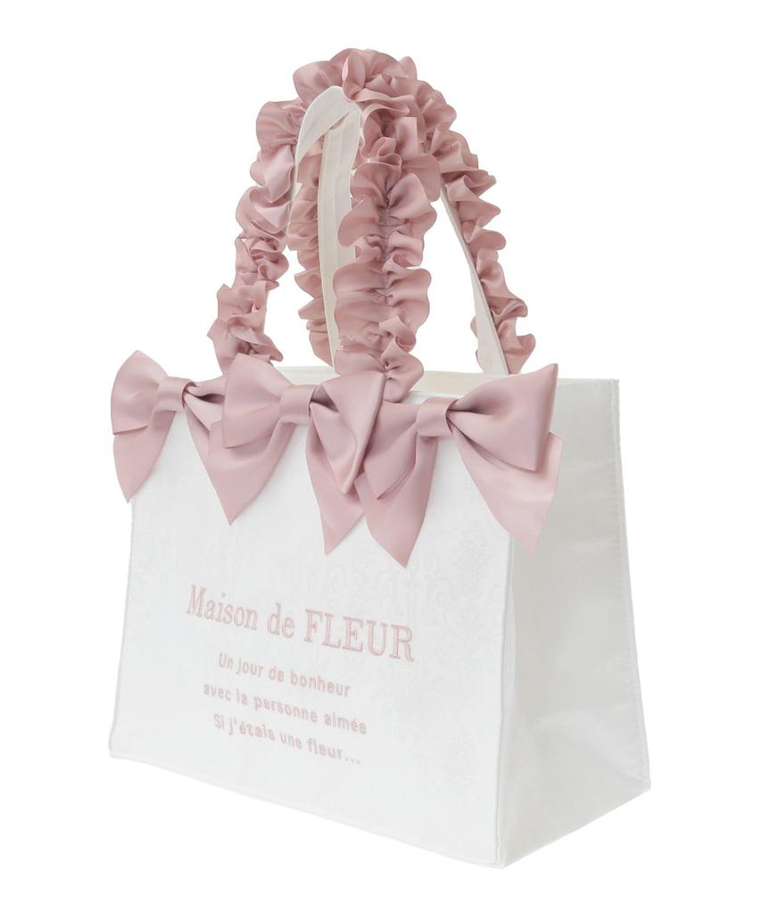 Maison De Fleur Jacquard Ribbon Frill Square Tote S Bag, Ivory, Size F, 08000628400