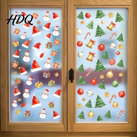 Window Decoration Decal Christmas Static Cling Xmas Tree Snowman Santa Hat Bell Reusable Cling Glass Sticker Removable for Holiday Party Sticker