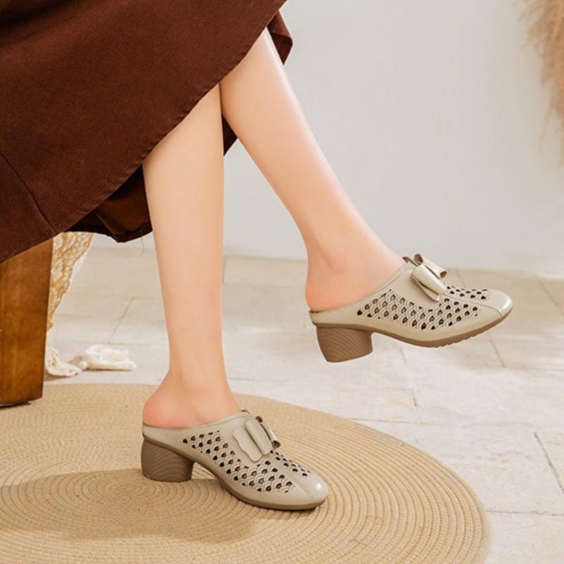Johnature Women's Slippers Genuine Leather Hollow-out Thick Heel Flower Round Toe Versatile Women's Shoes