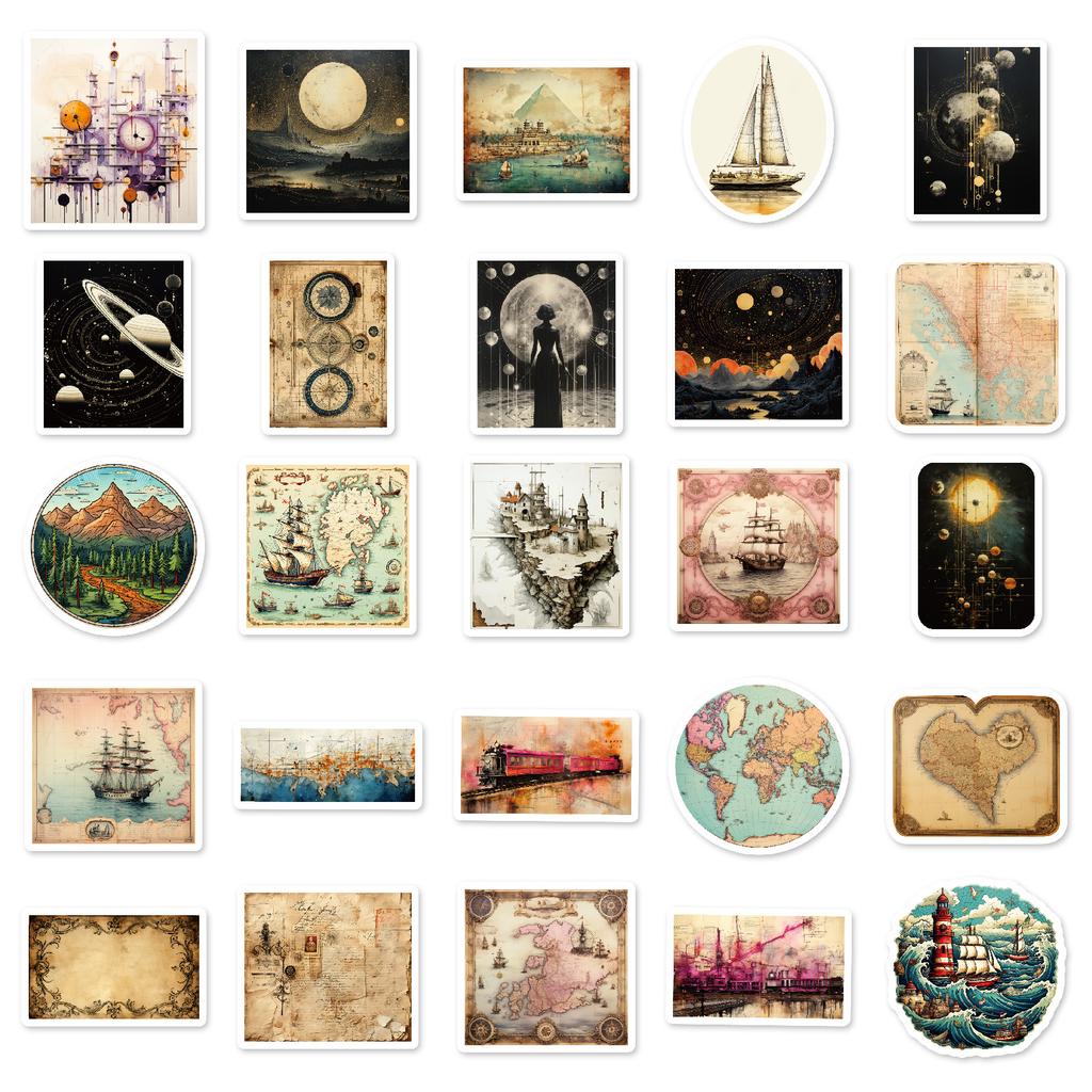 50PCS Artistic Retro Poster Style Map Stickers, Vintage Country Map Decals for Phone, Laptop & DIY Decoration