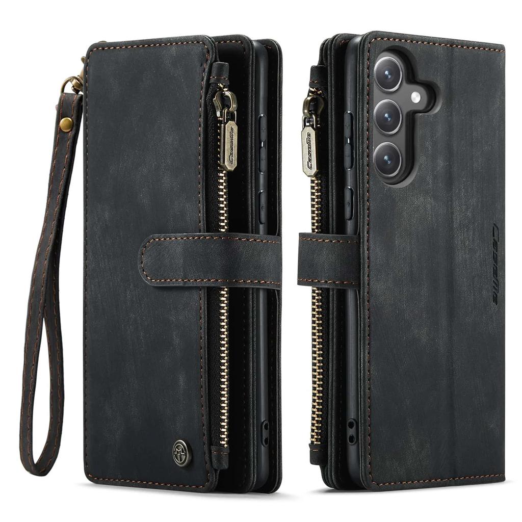 For Samsung Galaxy S24 FE Case, Wallet Case for Women Men, Durable PU Leather Magnetic Flip Strap Wristlet Zipper Card Holder
