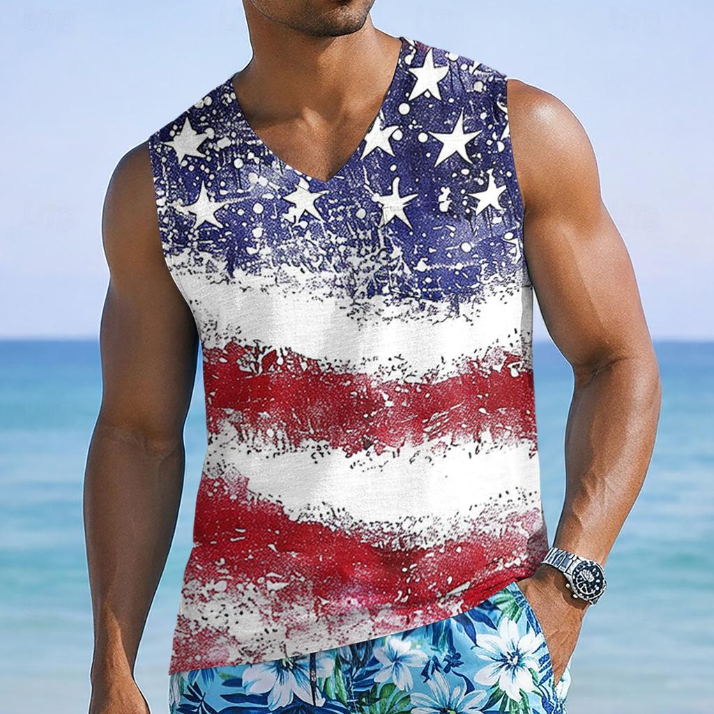 Men's Sleeveless V Neck Tank Top with Abstract Star and Stripe Print Casual Loose Fit Lightweight Shirt for Summer