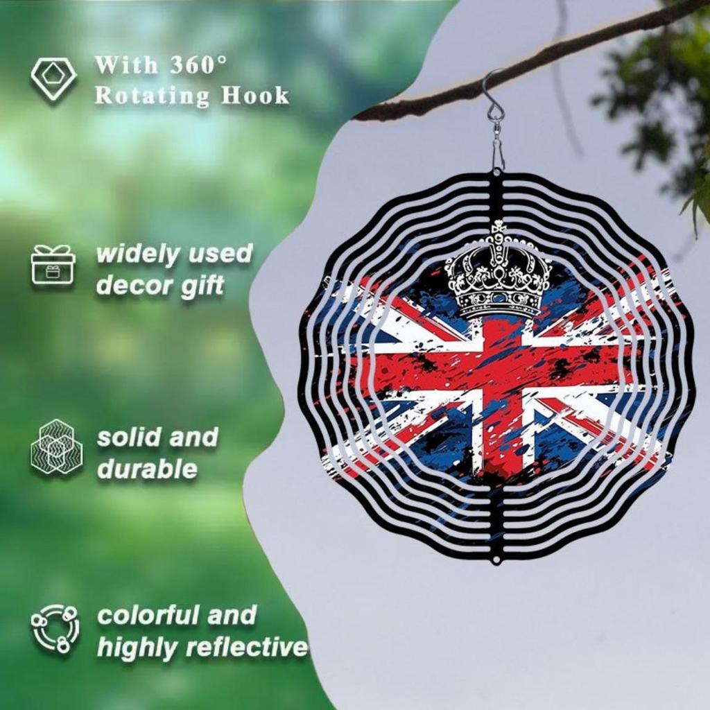 UK Flag and Crown Metal Wind Spinner Outdoor Garden Decor Rotating 3D Art for Yard Patio Holidays Patriotic Celebrations No Electricity Needed