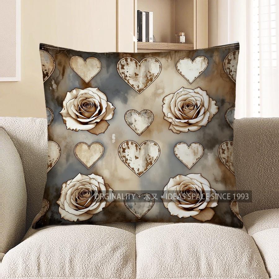 2D Rose & Heart Patterned Decorative Pillow Covers Pattern Cushion Cover Suitable For Sofa Bedroom Car Pillow Cover
