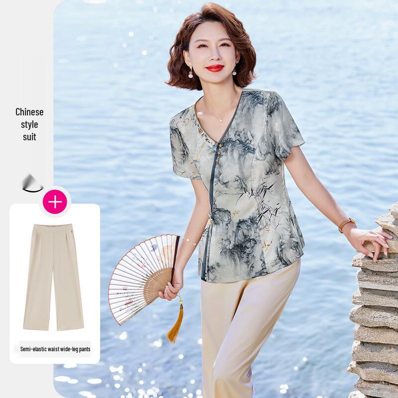 

Paster Women s New Chinese Style Floral V-Neck Top & Pants Set 4XL