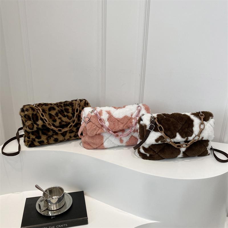 Modische Leopard Plüsch Einzel-Schultertasche Wiederverwendbar Einfache Lässige Umhängetasche Große Kapazität Tragetaschen für Damen