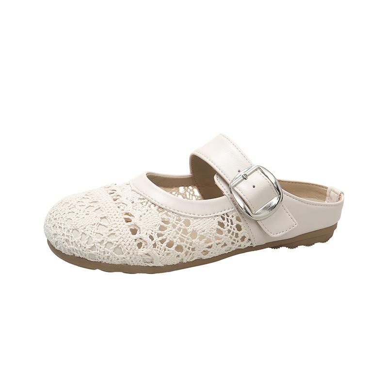 High-value woven bag head half slippers summer retro fashion outer wear simple hollow round head flat bottom sandals