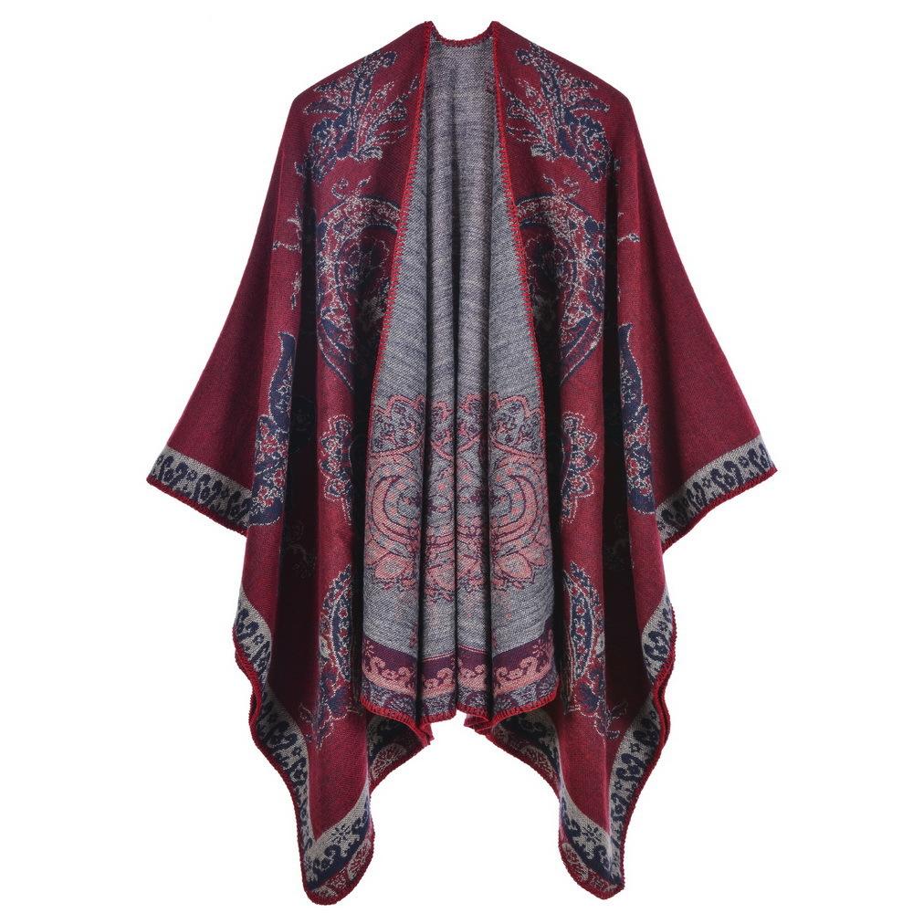 Foreign Trade Fashion Slit Imitation Cashmere Scarf Shawl European American Retro Cashew Flower Fork Warm Cloak Jacket