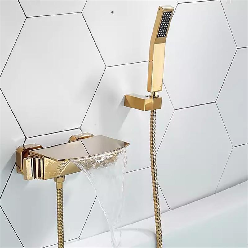 Tuqiu Grau Bad- und Duscharmatur-Set Wandmontiert Messing Gold Wasserfall Badewannen- und Duschmischer Schwarz Badezimmerarmaturen Messing