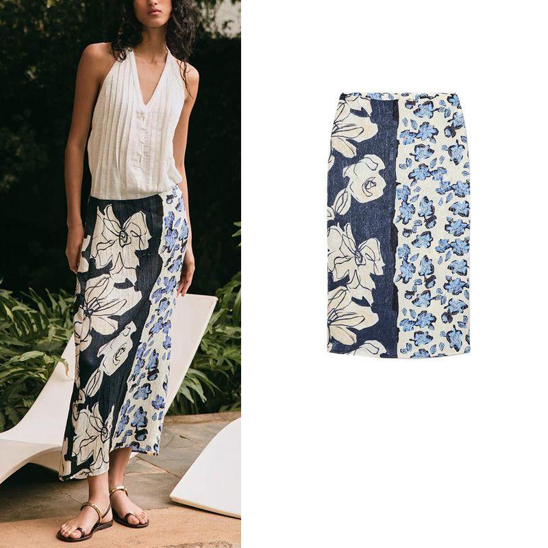 Summer New Arrival Women's Clothing Temperament Skirt Silk Satin Texture Print High Waist Straight-leg Midi Dress 3666111