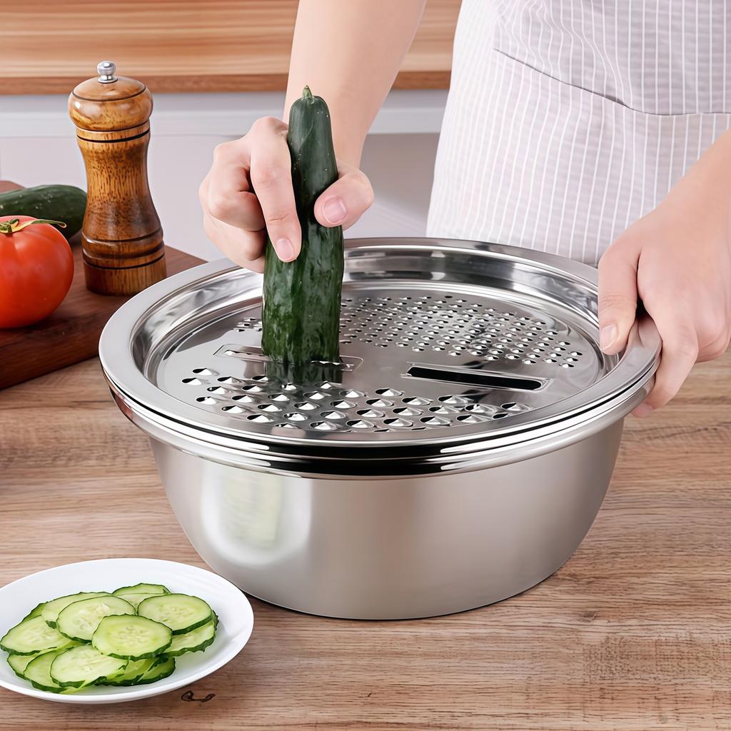 Stainless Steel 3-in-1 Vegetable Strainer Slicer Cutter Graters Drain Basket Salad Maker Bowl Kitchen Accessory Tool
