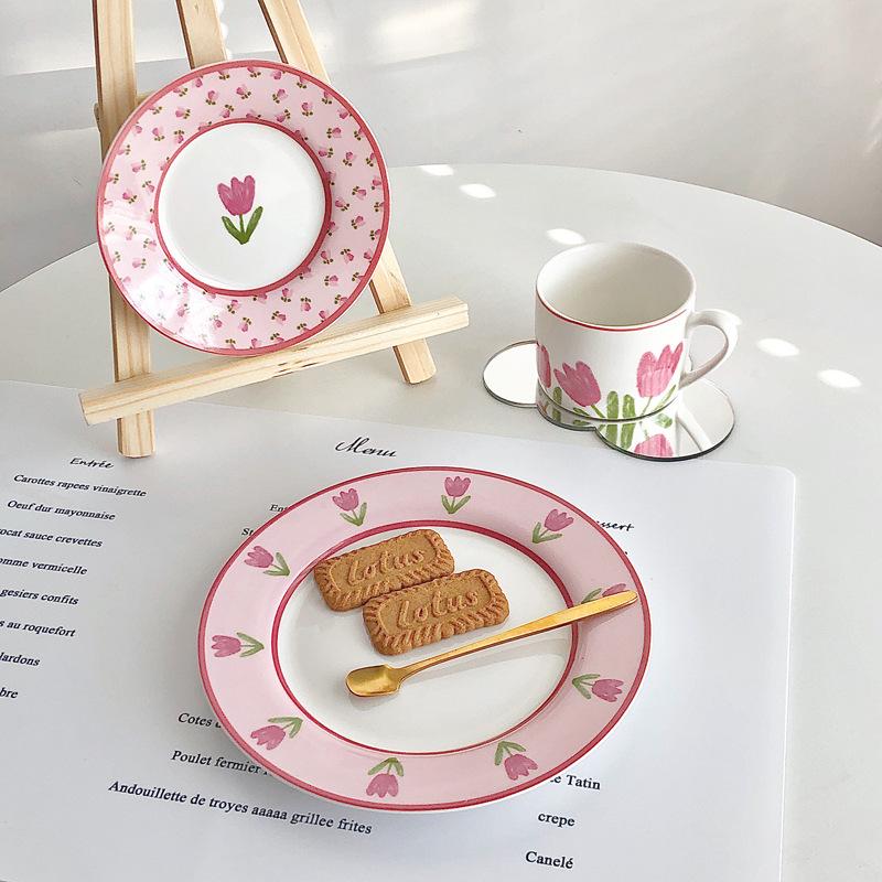 Slow As Old - Pink Tulip Ceramic Coffee Cup And Saucer Set Korean French Afternoon Tea Premium Cup