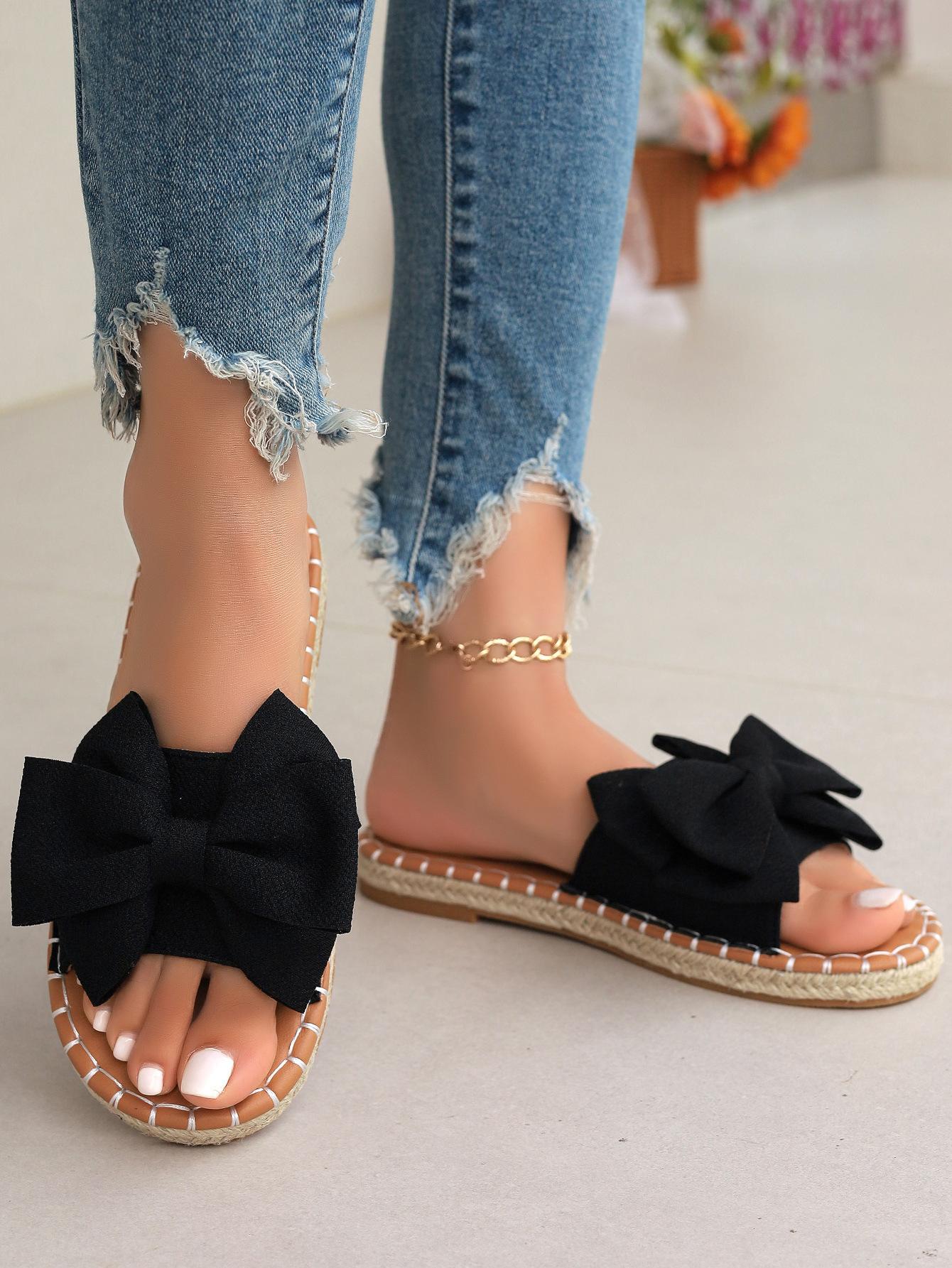 

Односложные тапочки женские бант на плоской подошве 2025 летние новые сандалии модная одежда сандалии полутапочки женские 43 чёрный